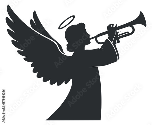 An angel playing a trumpet with wings in a black silhouette vector style, ideal for religious and musical themes