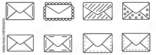 A collection of various envelope designs in black and white outline vector style, ideal for communication and stationery projects