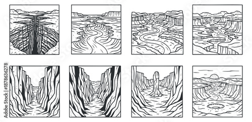 A collection of nine black and white line illustrations depicting various canyon landscapes with rivers and geological formations, ideal for nature-themed projects