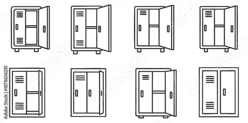 A set of nine outline vector illustrations of cabinets and storage units in minimalist style, suitable for interior design projects