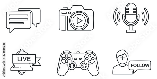 A collection of gaming and streaming icons including microphone, camera, chat bubbles, and controller in outline vector style, ideal for digital content creation