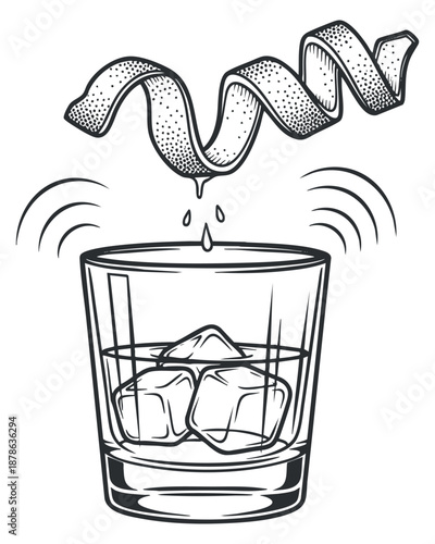 A hand-drawn illustration of a cocktail glass with ice cubes and a twist of zest in black and white outline style, perfect for bar menus and drink recipes