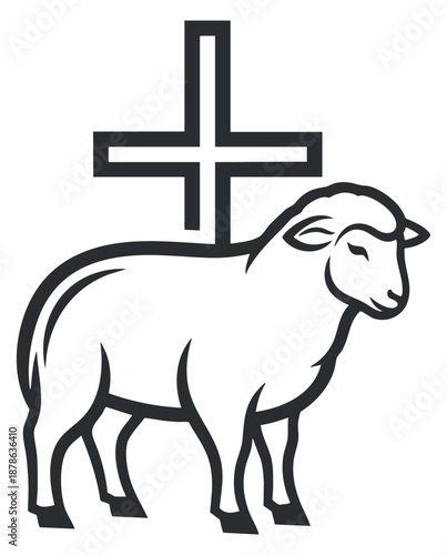A sheep silhouette with a cross in minimalist outline vector style, ideal for religious and spiritual designs