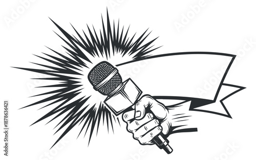 A hand gripping a microphone with sound burst in black and white vector style, suitable for event promotion and music branding