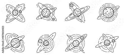 A collection of six planets with rings in minimalist outline vector style, ideal for educational and scientific projects