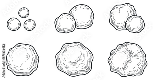 A collection of round shapes and balls in hand-drawn outline vector style, perfect for food-related graphics and designs