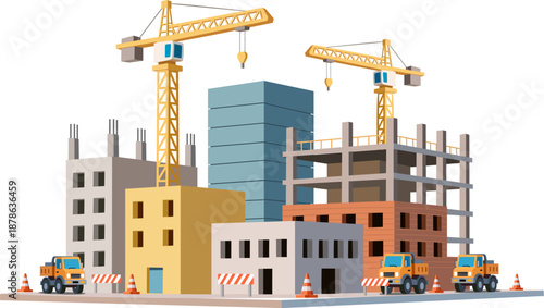 Illustration of an urban construction site with cranes, buildings, and trucks, symbolizing city growth, real estate development, and modern infrastructure projects.