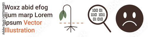 Environmental issues, digital analysis, emotional health, sustainability, data, research. Drooping plant, binary code magnified sad face icon. Environmental issues and digital analysis concepts