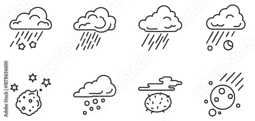A collection of weather icons including clouds, rain, stars, and celestial bodies in minimalist outline vector style, suitable for weather apps and designs