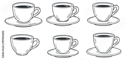 A set of coffee cups and saucers in outline minimalist vector style, perfect for cafe branding and beverage design