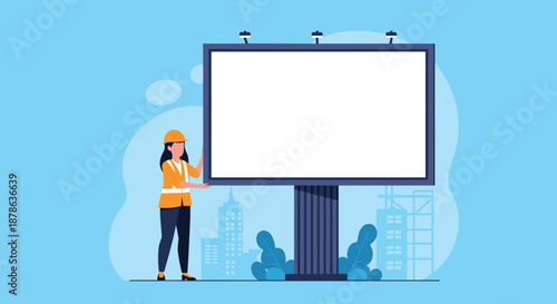 Professional female engineer or construction worker in a safety uniform standing beside a large blank white billboard.