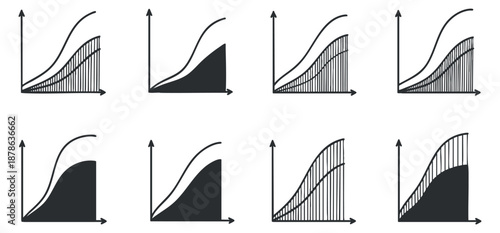 A collection of eight different graph illustrations showing various data trends in black and white minimalist vector style, suitable for analytics and business presentations