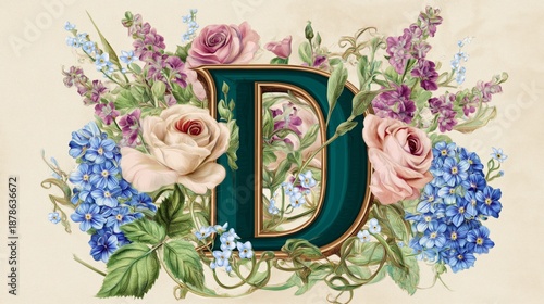 Floral illustration featuring the letter D surrounded by colorful roses, blue flowers, and greenery, creating a vibrant and artistic design for decorative purposes