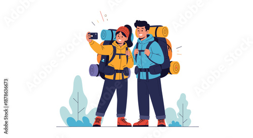 Adventurous young hikers with backpacks taking a selfie together while exploring the mountains and enjoying outdoor nature.