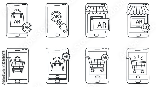A collection of mobile app icons depicting augmented reality shopping experiences in modern outline vector style, suitable for tech and retail applications