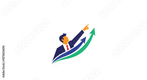 Successful businessman in a professional suit points towards the upper right corner next to rising blue and green growth arrows on white.