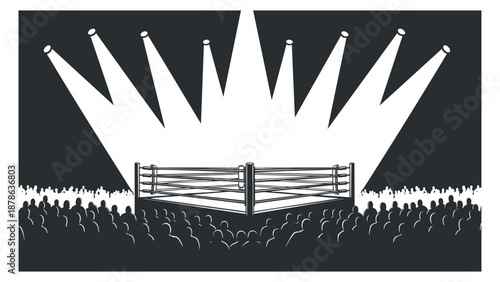 A boxing ring illuminated by spotlight beams with a cheering crowd in black and white minimalist vector style, ideal for sports events and promotions