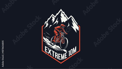 Extreme 10M Mountain Bike Rider Illustration with Mountains and Rugged Terrain - Dynamic Action Sport Design