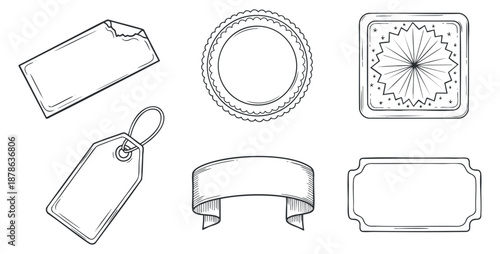 A collection of decorative tags, ribbons, and frames in outline vector style, suitable for crafting and branding projects