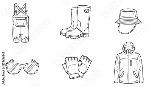 A collection of outdoor clothing and accessories including overalls, sunglasses, boots, gloves, a jacket, and a hat in minimalist line art style, ideal for fashion and outdoor gear branding