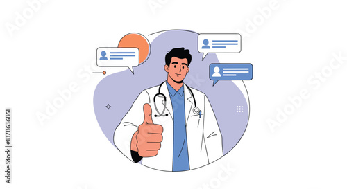 Male doctor wearing a white coat and stethoscope gives a thumbs up gesture while surrounded by social media notification icons in a circle.