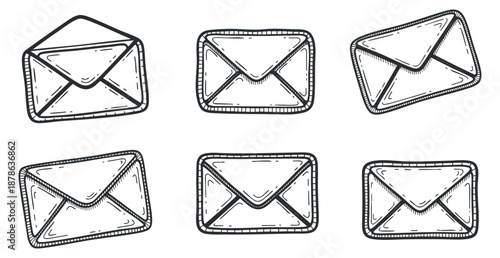 A collection of six outlined envelopes in black and white vector style, suitable for communication and messaging designs