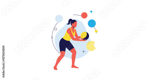 Active woman in fitness apparel performs a core workout using a yellow and black medicine ball against an abstract background.