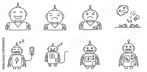 A set of playful robot icons showcasing various emotions and actions in simple outline vector style, ideal for tech-related projects