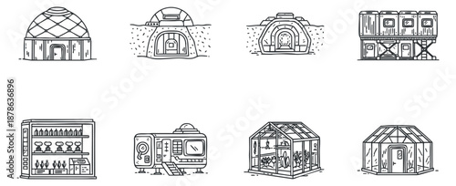 A collection of various building designs including domes, greenhouses, and cabins in minimalist line art vector style, ideal for architectural projects and eco-friendly themes