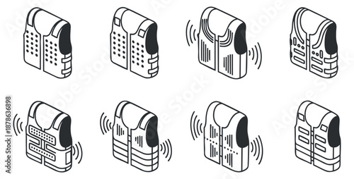 A collection of wearable technology icons featuring smart vests in minimalist vector style, suitable for tech and fashion branding