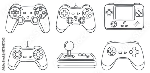 A collection of various gaming controllers and handheld devices in clean outline vector style, suitable for gaming-related designs