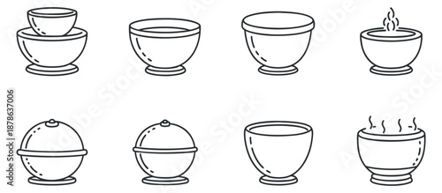 A collection of various bowls and soup dishes in minimalist outline vector style, ideal for kitchen and restaurant design