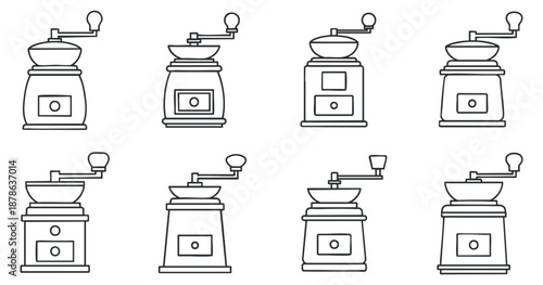 A collection of coffee grinders in minimalist black and white outline vector style, perfect for culinary and coffee shop designs