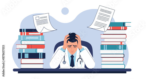 Overworked doctor sits at a desk cluttered with piles of books and papers while holding his head in frustration and fatigue.