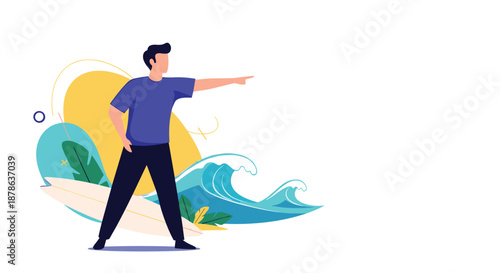 Young man stands on a tropical beach and points toward the ocean waves while holding a surfboard for his next surfing session.