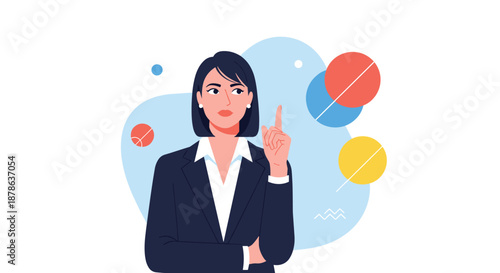 Intelligent businesswoman in a dark suit touches her chin while thinking and pointing up as she discovers a creative solution.