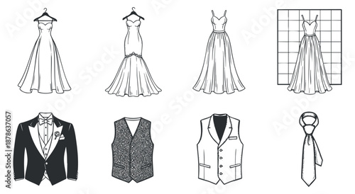 A collection of formal wear including dresses, suits, and accessories in a minimalist black and white vector style, ideal for fashion design and branding