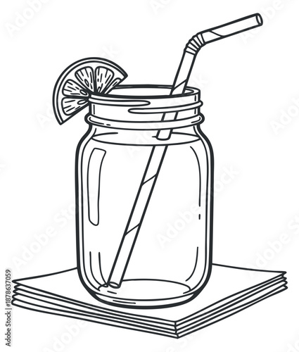 A mason jar filled with a refreshing drink and a straw, featuring a lemon slice, in outline vector style, perfect for beverage menus and summer themes