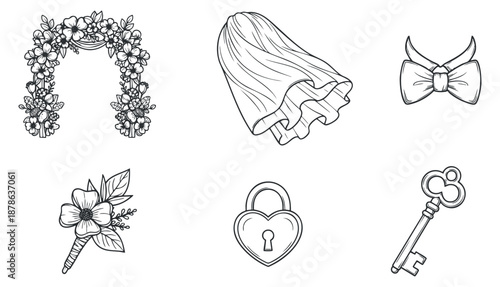 A collection of wedding-themed illustrations featuring a floral wreath, bridal gown, key, lock, and bow in minimalist line art style, ideal for wedding invitations and decorations