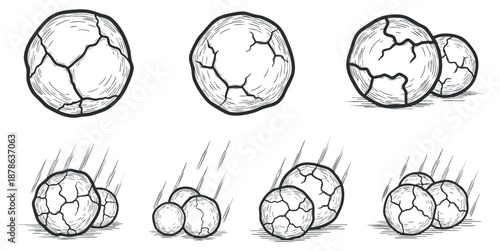 A set of cracked balls in black and white sketch style, depicting various bouncing motions, ideal for animation and game design