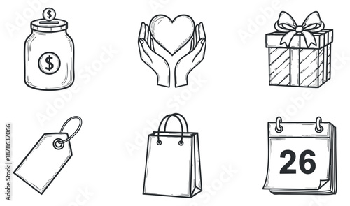 A collection of icons featuring a money jar, heart in hands, gift box, price tag, shopping bag, and calendar in black and white outline vector style, ideal for financial and retail projects