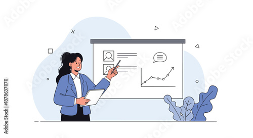 Professional educator points at a presentation screen with a growth graph to teach students about business trends and data.