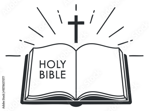 An open Holy Bible with a cross and rays of light in a minimalist black and white vector style, suitable for religious and spiritual designs