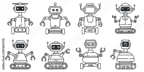 A collection of eight cute robot illustrations in outline vector style, perfect for technology-themed projects and designs