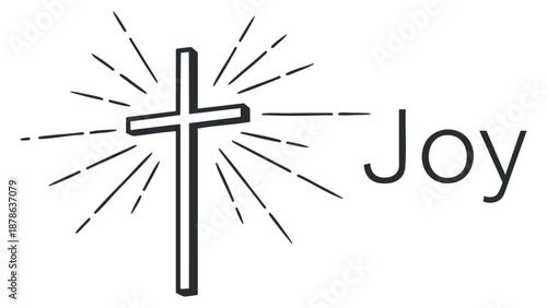 A minimalist outline illustration of a cross with rays of light and the word 'Joy' in modern vector style, suitable for religious and inspirational designs