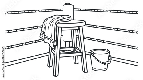 A boxing ring corner with a stool, towel, and bucket in outline minimalist vector style, ideal for sports-related projects