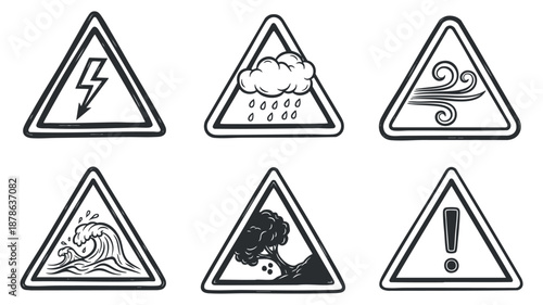 A set of warning signs depicting lightning, rain, wind, waves, and volcanic eruption in black and white outline vector style, suitable for safety and hazard communication