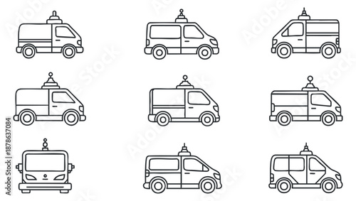 A collection of outline vector icons depicting various emergency service vehicles in a minimalist style, suitable for graphic design and public service themes