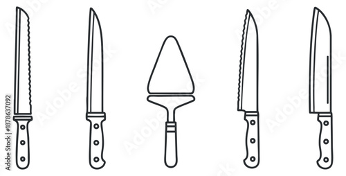 A set of five various kitchen knives and a trowel in clean outline vector style, perfect for culinary design projects