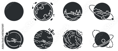 A collection of minimalist planet and moon icons in black and white vector style, suitable for educational and scientific designs